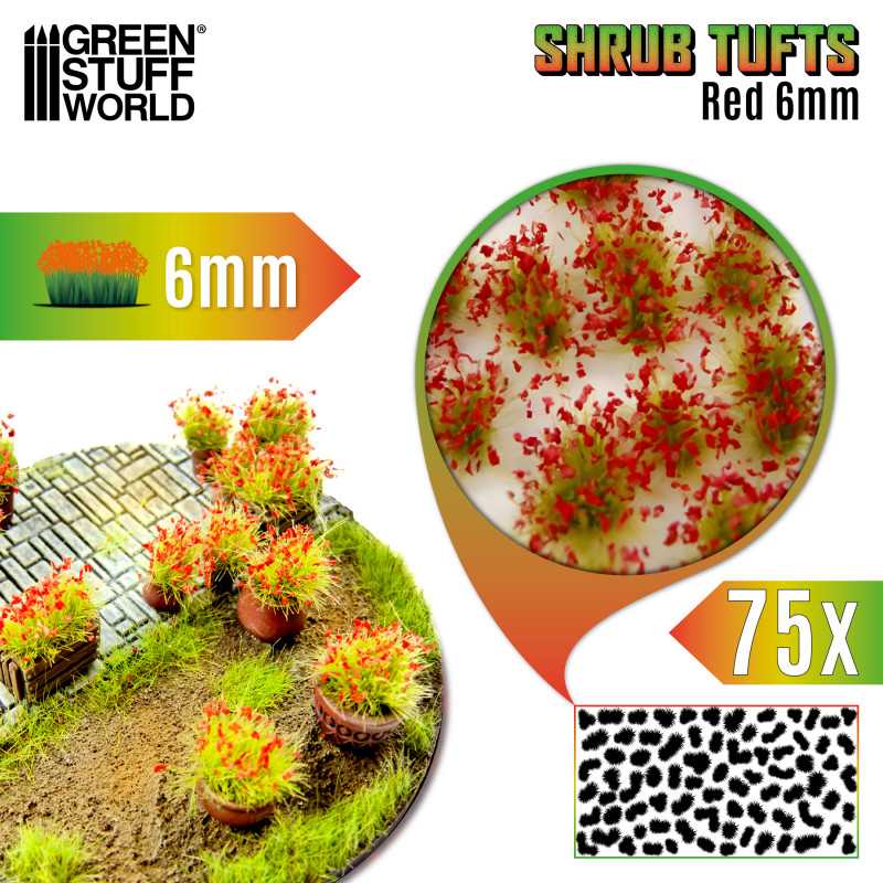 Green Stuff World: Tufts Shrubs - Red - 6mm 75x Basing Materials Green Stuff World