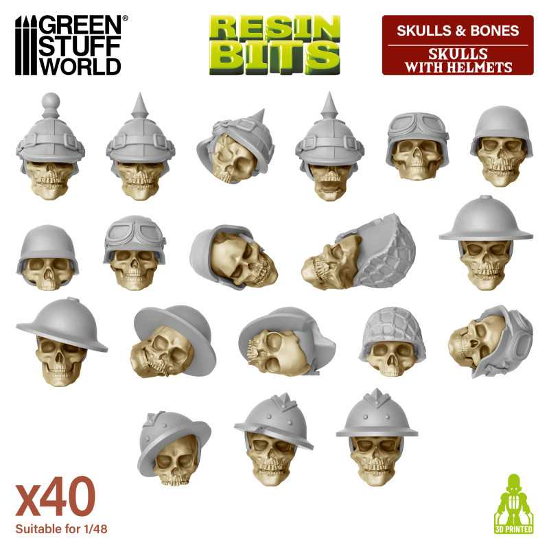 Green Stuff World: 3D printed set - Skulls with Helmets 1:48 Model Tools & Glue Green Stuff World