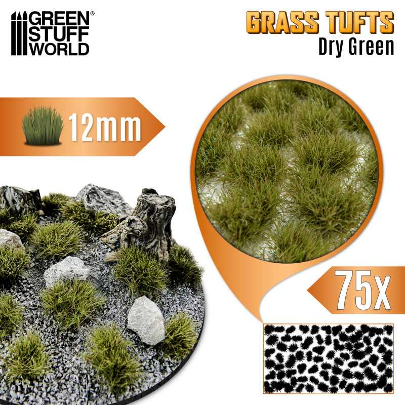 Green Stuff World: Grass Tufts - Dry Green 12mm 75x Basing Materials Green Stuff World