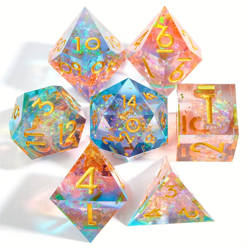 Seriously Good Dice: Sharp-Edged Resin 7 Die Set Blue and White w/Gold Dice & Gaming Accessories Taps Imports