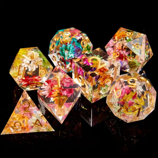 Seriously Good Dice: Sharp-Edged Resin 7 Die Set "Yellow Floral" Dice & Gaming Accessories Taps Imports