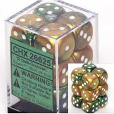 Chessex: Gold Green/White Gemini 12Ct D6 Dice Set: 16mm Dice & Gaming Accessories Chessex