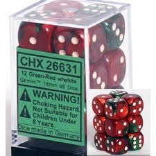 Chessex: 12Ct D6 Dice Set Gemini - Green Red/White (16mm) Dice & Gaming Accessories Chessex