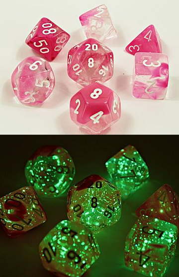 Chessex: Clear Pink/White Luminary Gemini 7-Die Set Dice & Gaming Accessories Chessex