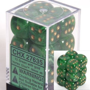 Chessex: 12Ct D6 Dice Set Vortex - Green/Gold (16mm) Dice & Gaming Accessories Chessex