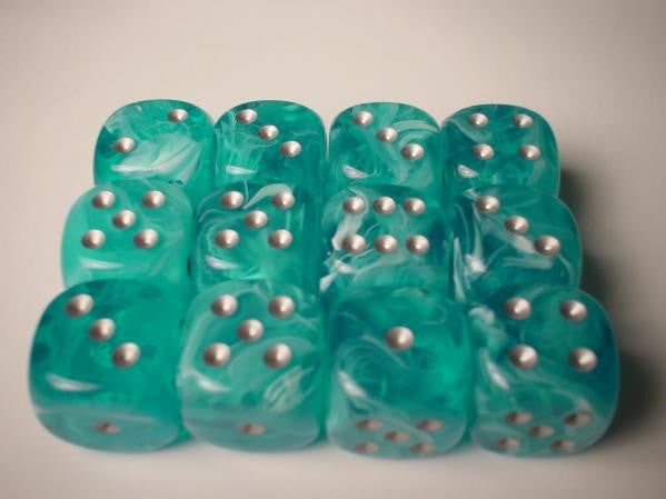 Chessex: Aqua/Silver Cirrus 12Ct D6 Dice Set 16mm Dice & Gaming Accessories Chessex