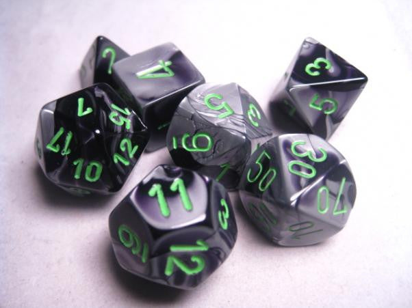 Polyhedral 7-Die Set: Gemini: Black Grey/Green CHX26445  Chessex Dice Taps Games Edmonton Alberta