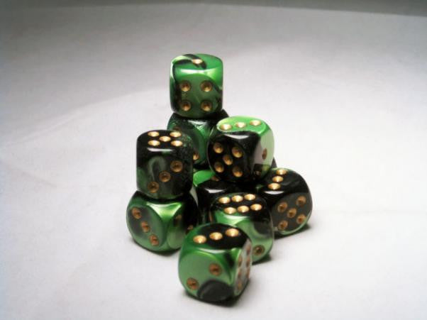 Chessex: 12Ct D6 Dice Set Gemini - Black-Green/Gold (16mm) Dice & Gaming Accessories Chessex