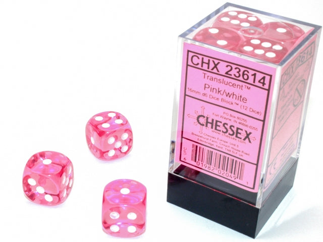 Chessex: 12Ct D6 Dice Set Translucent - Pink/White (16mm) Dice & Gaming Accessories Chessex