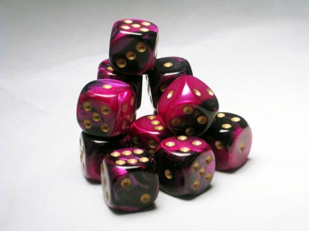 Chessex: Black Purple/Gold Gemini 12Ct D6 Dice Set 16mm Dice & Gaming Accessories Chessex