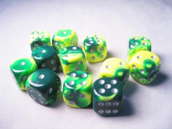 Chessex: Green-Yellow/Silver Gemini 12Ct D6 Dice Set 16mm Dice & Gaming Accessories Chessex
