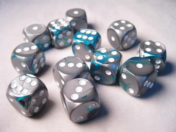 Chessex: Steel-Teal/White Gemini #6 12Ct D6 Dice Set 16mm Dice & Gaming Accessories Chessex