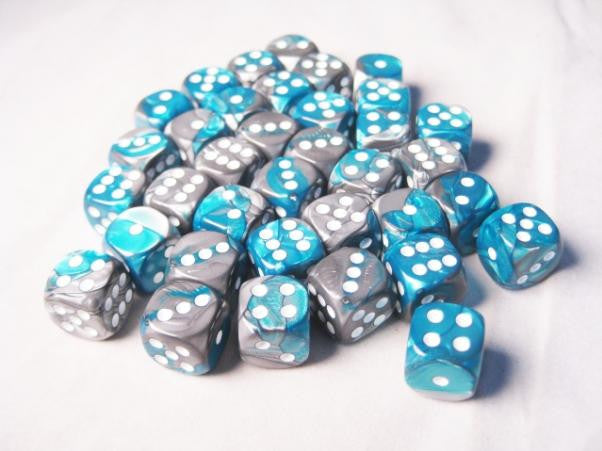 Chessex: Steel-Teal/White Gemini #6 36Ct D6 Dice Set 12mm Dice & Gaming Accessories Chessex