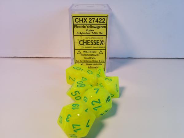 Chessex: Electric Yellow/Green Vortex Menagerie #8 7-Die Set Dice & Gaming Accessories Chessex
