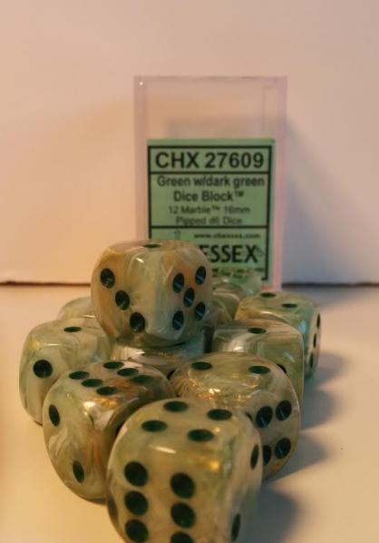 Chessex: Green/Dark Green Marble Menagerie #8 12Ct D6 Dice Set: 16mm Dice & Gaming Accessories Chessex