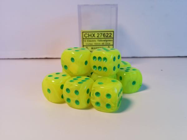 Chessex: Electric Yellow/Green Vortex Menagerie #8 12Ct D6 Dice Set: 16mm Dice & Gaming Accessories Chessex