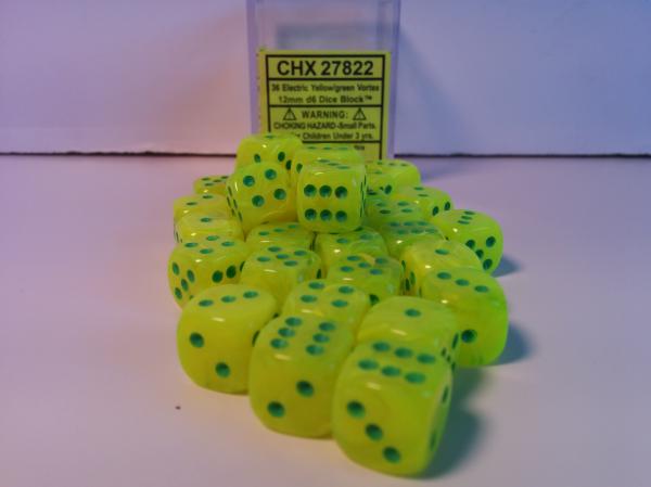 Chessex: Electric Yellow/Green Vortex Menagerie #8 36Ct D6 Dice Set 12mm Dice & Gaming Accessories Chessex