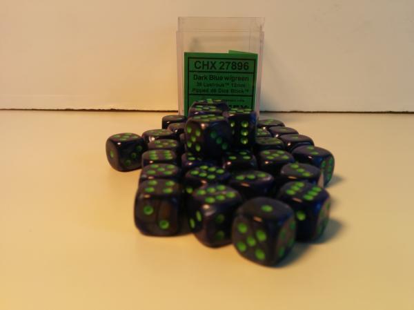 Chessex: Dark Blue With Green Lustrous Menagerie #8 36Ct D6 Dice Set 12mm Dice & Gaming Accessories Chessex