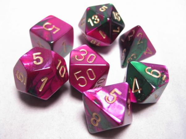 Chessex: Green Purple/Gold Gemini 12Ct D6 Dice Set: 16mm Dice & Gaming Accessories Chessex
