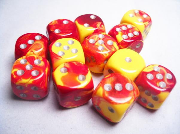 Chessex: Red Yellow/Silver Gemini 12Ct D6 Dice Set: 16mm Dice & Gaming Accessories Chessex
