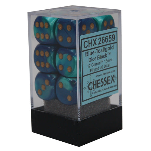Chessex: Blue-Teal/Gold Gemini 12Ct D6 Dice Set 16mm Dice & Gaming Accessories Chessex