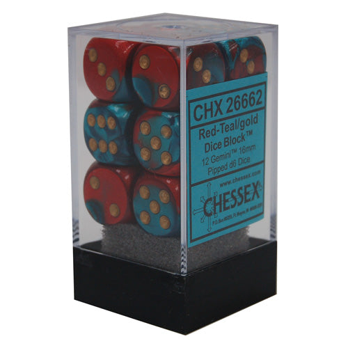 Chessex: 12Ct D6 Dice Set Gemini - Red-Teal/Gold (16mm) Dice & Gaming Accessories Chessex