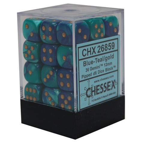 Chessex: 36Ct D6 Dice Set Gemini - Blue-Teal/Gold Gemini (12mm) Dice & Gaming Accessories Chessex