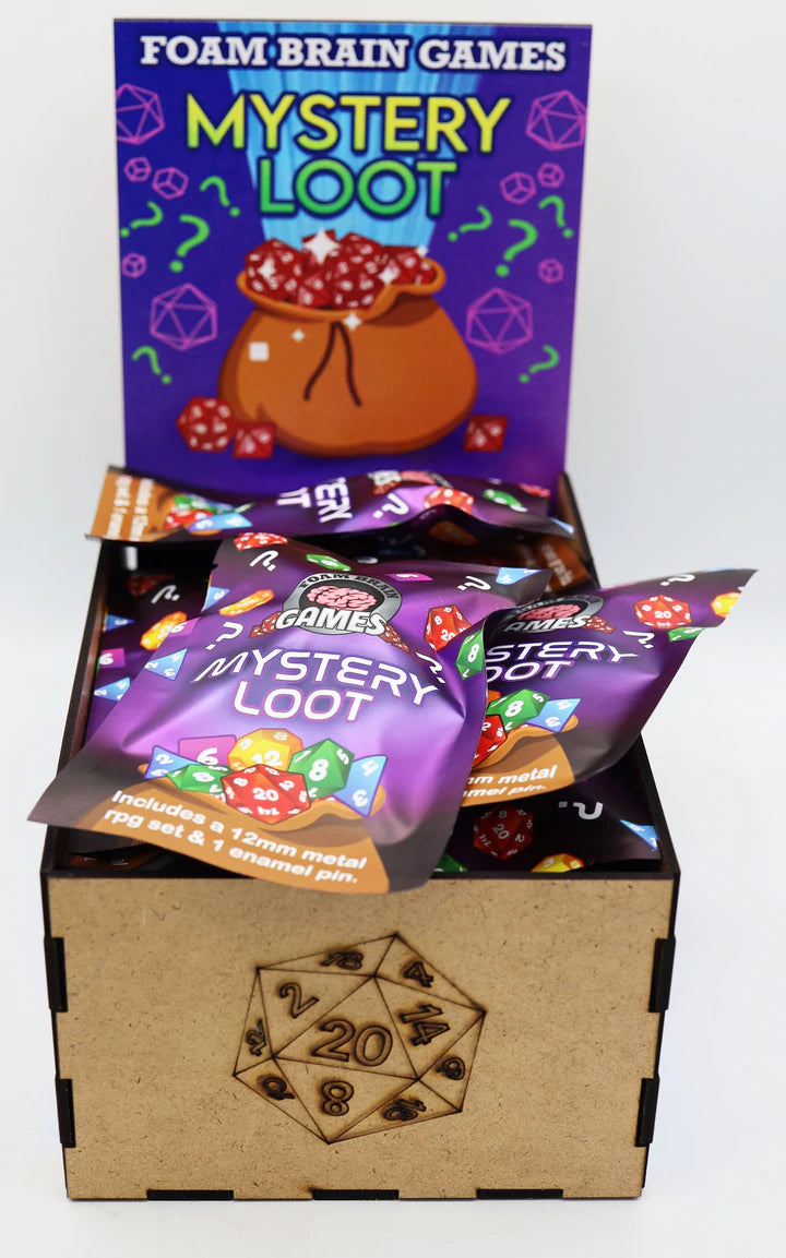 Mystery Loot - Mini Metal RPG Dice Set with Bonus Enamel Pin Dice & Gaming Accessories Foam Brain Games