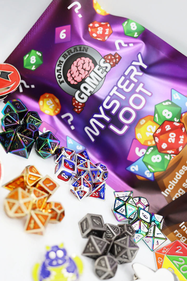 Mystery Loot - Mini Metal RPG Dice Set with Bonus Enamel Pin Dice & Gaming Accessories Foam Brain Games