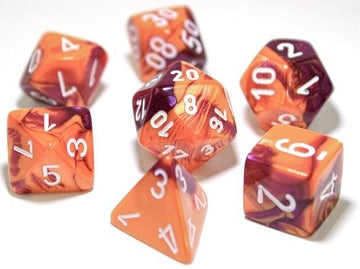 Polyhedral 7-Die Set: Gemini - Orange Purple/White CHX30021  Chessex Dice Taps Games Edmonton Alberta