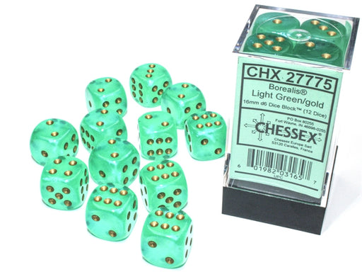 Chessex: 12Ct D6 Dice Set Luminary Borealis - Light Green/Gold (16mm) Dice & Gaming Accessories Chessex