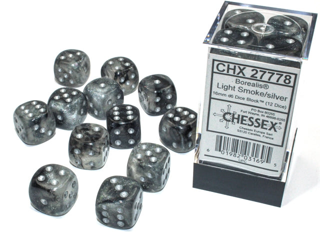 Chessex: Light Smoke/Silver Luminary Borealis 12Ct D6 16mm Dice & Gaming Accessories Chessex