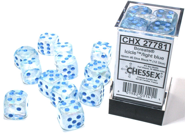 Chessex: 12Ct D6 Dice Set Luminary Borealis - Icicle/Light Blue (16mm) Dice & Gaming Accessories Chessex