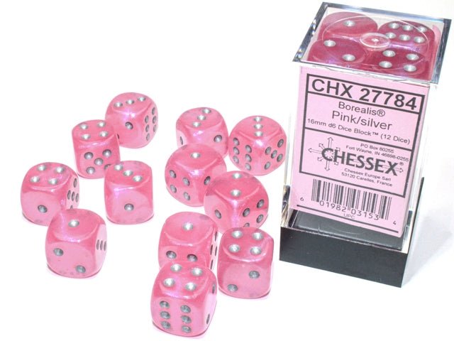 Chessex: Pink/Silver Luminary Borealis 12Ct D6 16mm Dice & Gaming Accessories Chessex