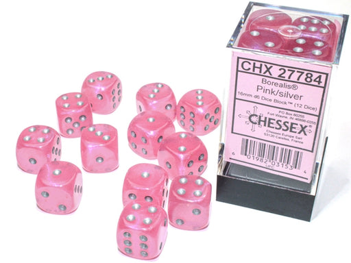 Chessex: Pink/Silver Luminary Borealis 12Ct D6 16mm Dice & Gaming Accessories Chessex