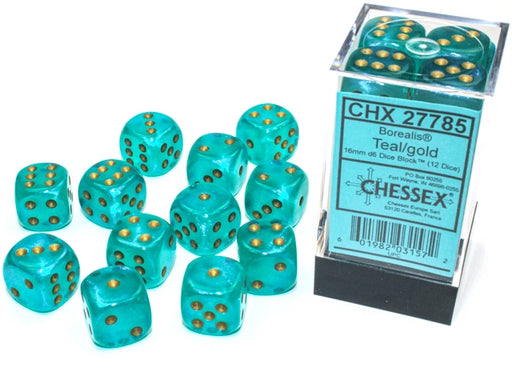 Chessex: 12Ct D6 Dice Set Luminary Borealis - Teal/Gold (16mm) Dice & Gaming Accessories Chessex