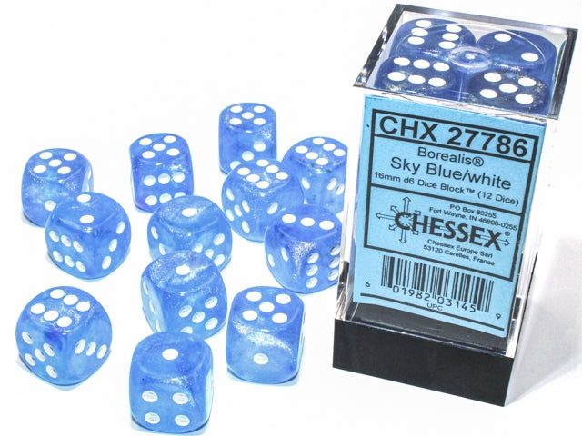 Chessex: 12Ct D6 Dice Set Luminary Borealis - Sky Blue/White (16mm) Dice & Gaming Accessories Chessex