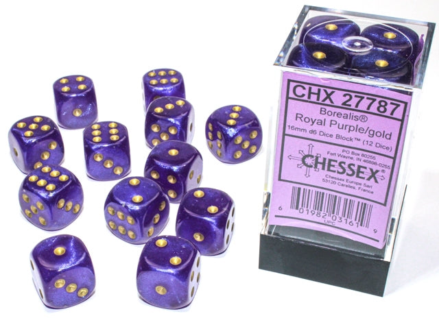 Chessex: 12Ct D6 Dice Set Luminary Borealis - Purple/Gold (16mm) Dice & Gaming Accessories Chessex