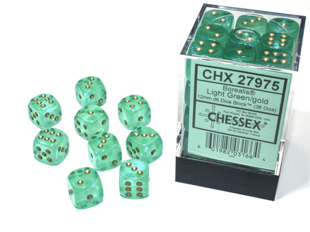 Chessex: 36 Ct D6 Dice Set Luminary Borealis - Light Green/Gold (12mm) Dice & Gaming Accessories Chessex