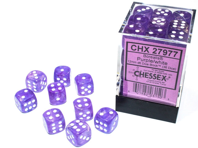 Chessex: 36Ct D6 Dice Set Luminary Borealis - Purple/White (12mm) Dice & Gaming Accessories Chessex