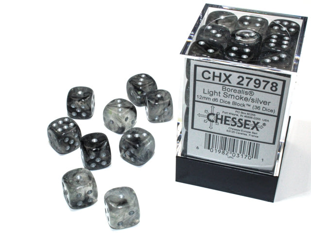Chessex: 36Ct D6 Dice Set Luminary Borealis - Light Smoke/Silver (12mm) Dice & Gaming Accessories Chessex