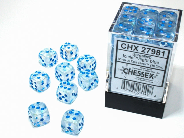 Borealis D6 12Mm Icicle/Light Blue (36) CHX27981  Chessex Dice Taps Games Edmonton Alberta