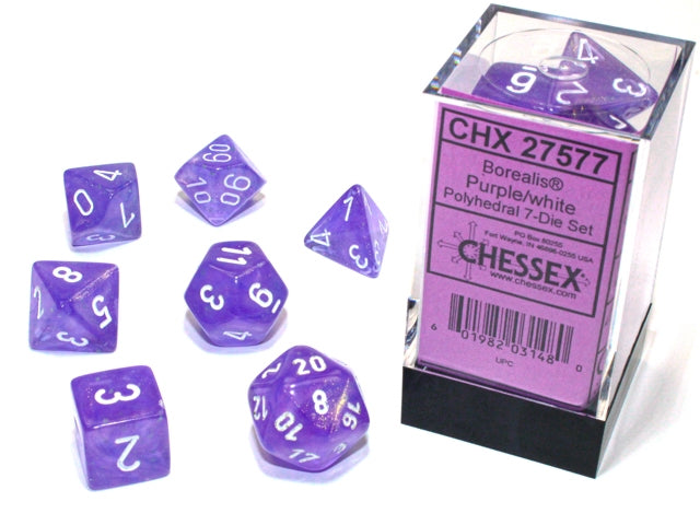 Borealis 7-Die Purple/White With Luminary CHX27577  Chessex Dice Taps Games Edmonton Alberta