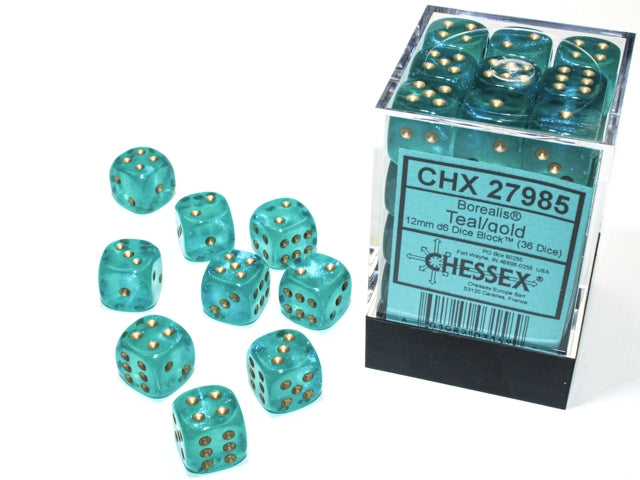 Chessex: 36Ct D6 Dice Set Luminary Borealis - Teal/Gold (12mm) Dice & Gaming Accessories Chessex
