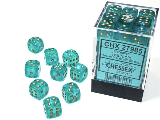 Chessex: 36Ct D6 Dice Set Luminary Borealis - Teal/Gold (12mm) Dice & Gaming Accessories Chessex