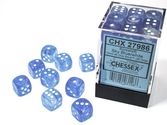 Chessex: 36Ct D6 Dice Set Luminary Borealis - Sky Blue/White (12mm) Dice & Gaming Accessories Chessex