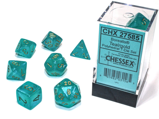 Borealis 7-Die Teal/Gold With Luminary CHX27585  Chessex Dice Taps Games Edmonton Alberta