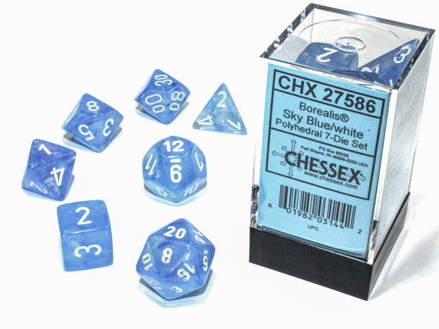 Borealis 7-Die Sky Blue/White With Luminary CHX27586  Chessex Dice Taps Games Edmonton Alberta