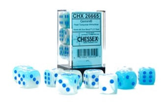 Chessex: Turquoise-White/Blue Luminary Gemini 12Ct D6 Dice Set: 16mm Dice & Gaming Accessories Chessex