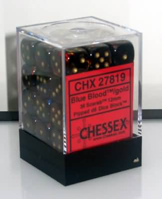 Chessex: Blue Blood/Gold Scarab 36Ct D6 12mm Dice & Gaming Accessories Chessex